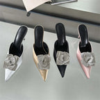 CRYSTAL Flower Silk Pointed Toe Slippers for Women