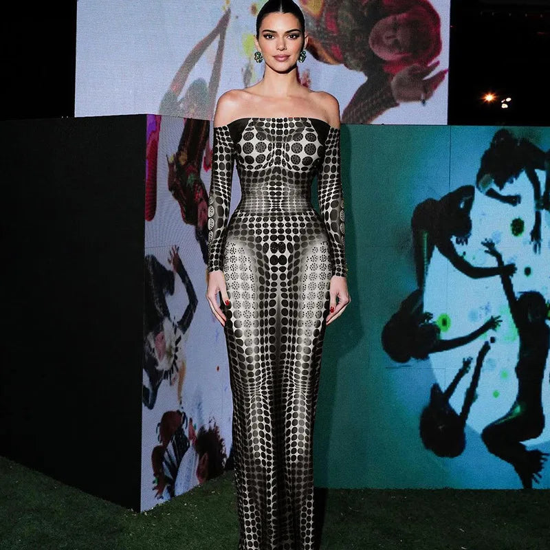 Optical Illusion Print Off Shoulder Long Sleeve Bodycon Maxi Dress