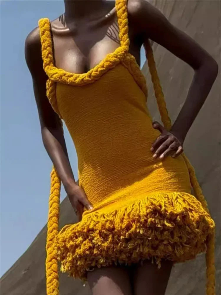 Halter Neck Braided Trim Textured Knit Fringe Hem Mini Dress