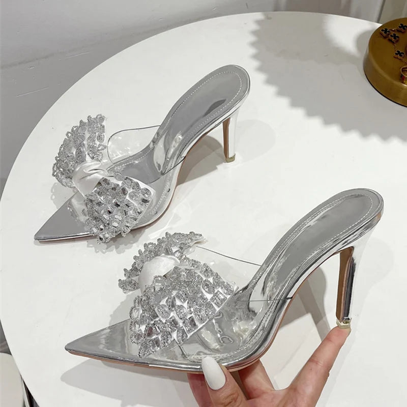 Pointed Toe Mule High Heels Stripper with Bowknot and Transparent PVC