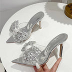 Pointed Toe Mule High Heels Stripper with Bowknot and Transparent PVC