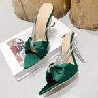 Green Silk Crystal Mule High Heels Slippers Sandals