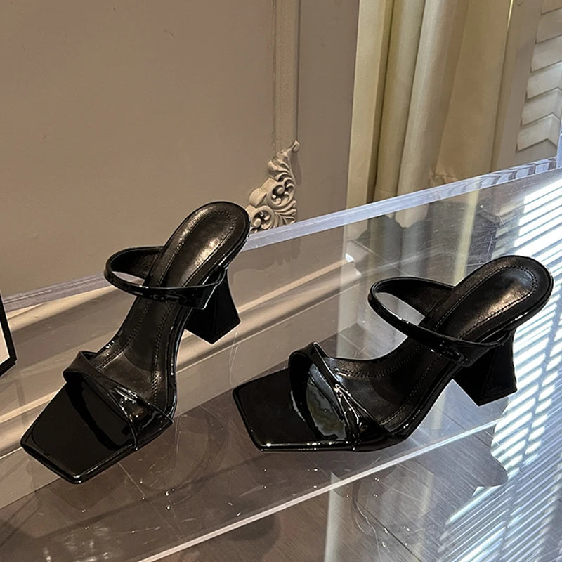 Square Toe High Heel Slippers with Elegant and Strange Design for Women