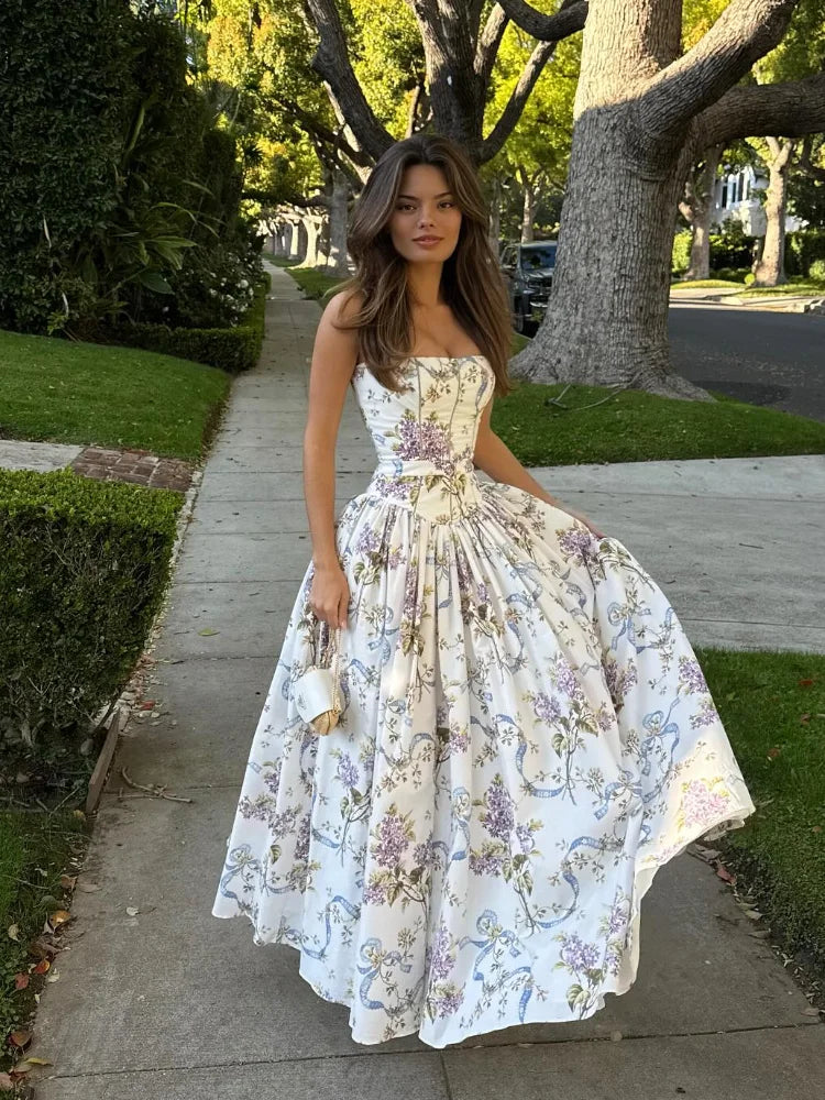 Strapless Corset Bodice Floral Ribbon Print Ball Gown Maxi Dress