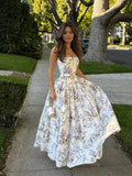 Strapless Corset Bodice Floral Ribbon Print Ball Gown Maxi Dress