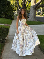 Strapless Corset Bodice Floral Ribbon Print Ball Gown Maxi Dress