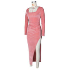 Square Neck Ruched Waist High Slit Long Sleeve Maxi Dress