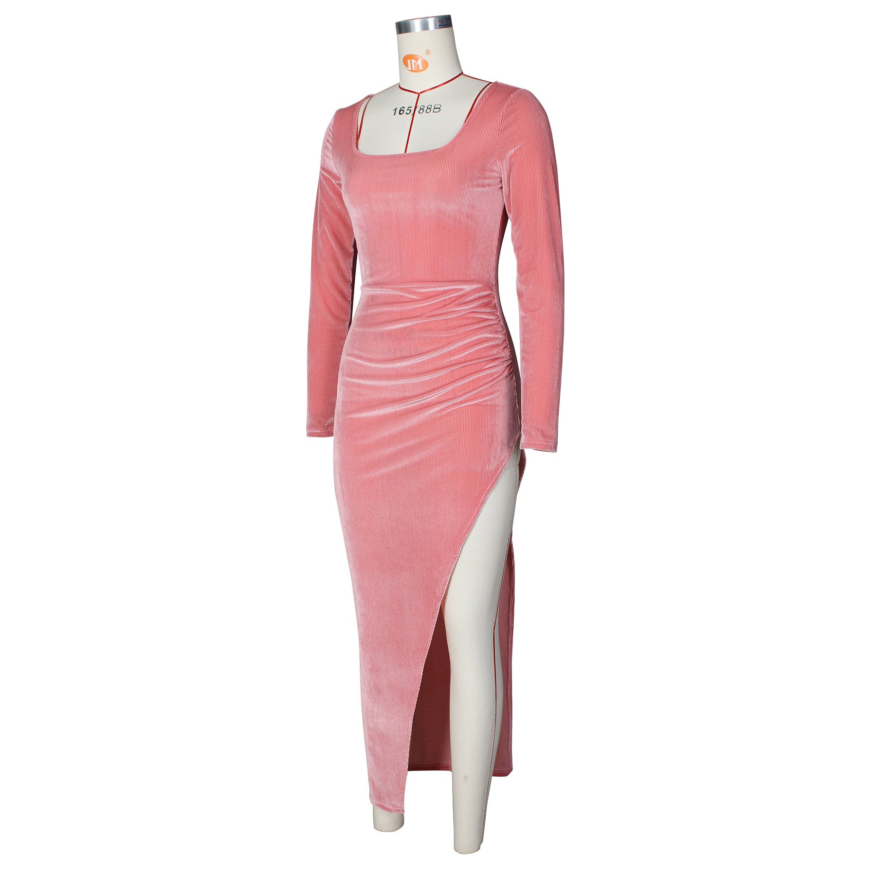 Square Neck Ruched Waist High Slit Long Sleeve Maxi Dress