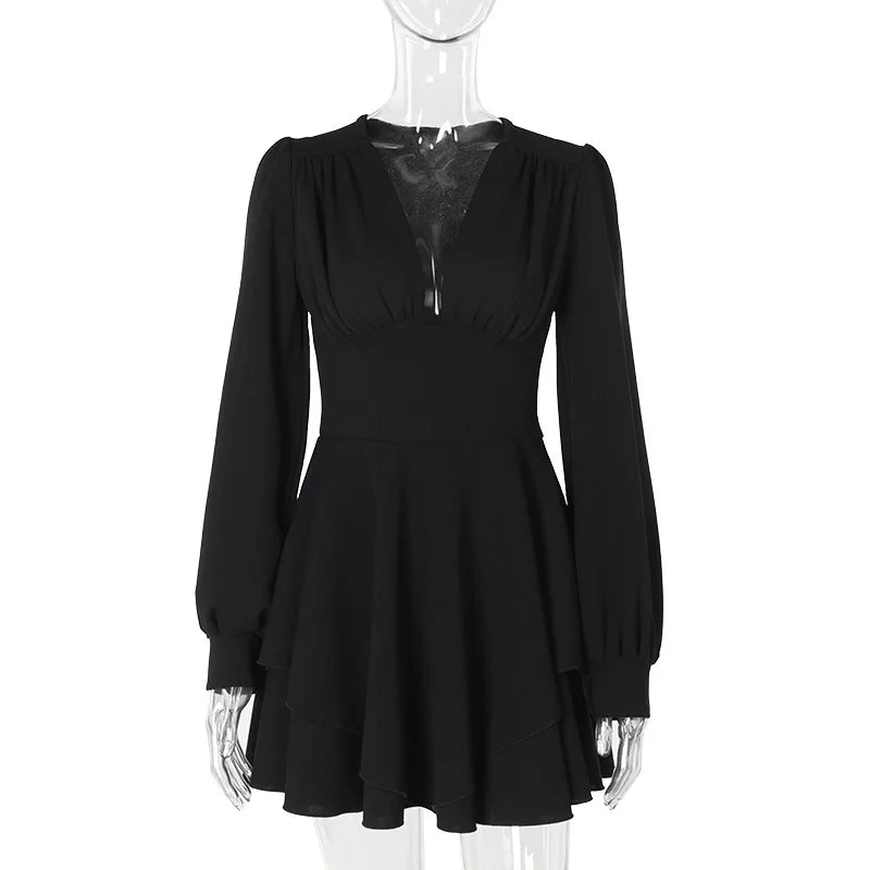 Sexy Low Cut Long Sleeve Pleated Mini Dress Women Elegant Wrap Waist Slim Party Vestido Spring Fall Harajuku Y2K Clothes