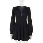 Sexy Low Cut Long Sleeve Pleated Mini Dress Women Elegant Wrap Waist Slim Party Vestido Spring Fall Harajuku Y2K Clothes