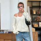 V-neck Solid Casual Sweater Simple All-match Cable-knit Knitwear Pullovers Fall Women Clothes Streetwear Loose Fit Tops
