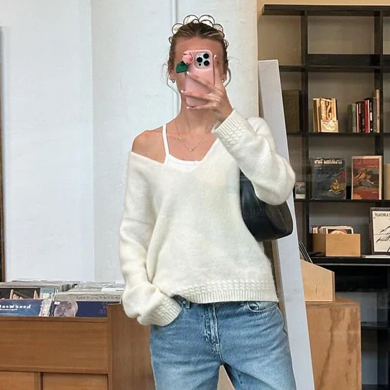 V-neck Solid Casual Sweater Simple All-match Cable-knit Knitwear Pullovers Fall Women Clothes Streetwear Loose Fit Tops