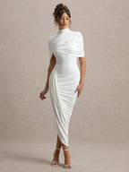 High Neck Diamond Open Back Ruched Cape Sleeve Asymmetric Hem Midi Dress