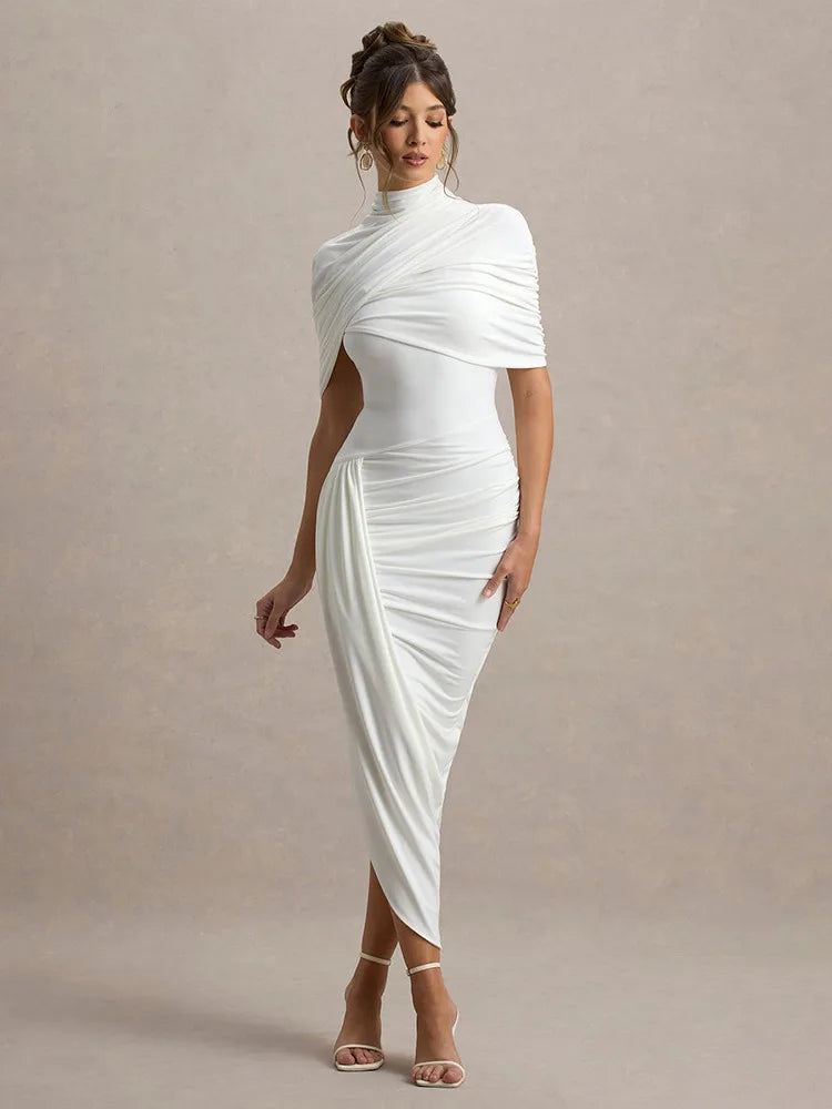 High Neck Diamond Open Back Ruched Cape Sleeve Asymmetric Hem Midi Dress