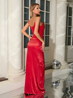 Red Satin Gown Dress with One Shoulder and Sequin/Rhinestone Details