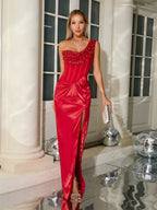 Red Satin Gown Dress with One Shoulder and Sequin/Rhinestone Details