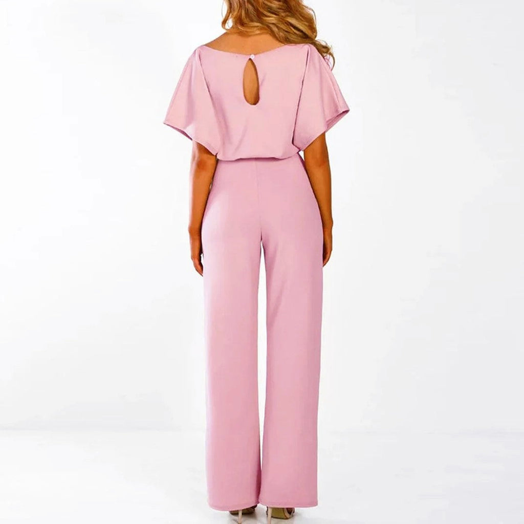 Samantha - Women's Short Sleeve Belted Wide Leg Jumpsuit