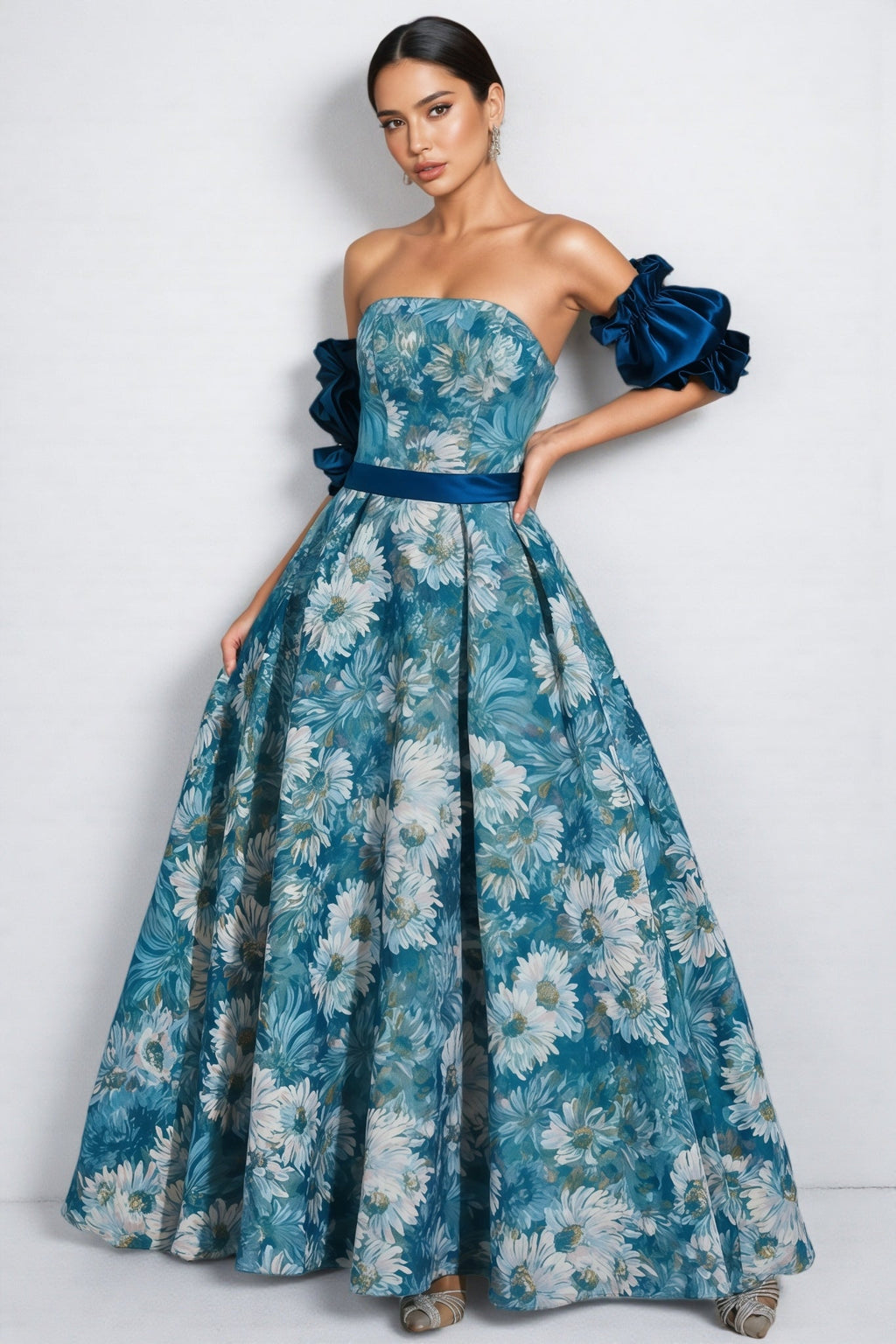 Briar Blue Puff Sleeves Off Shoulder Maxi Dress