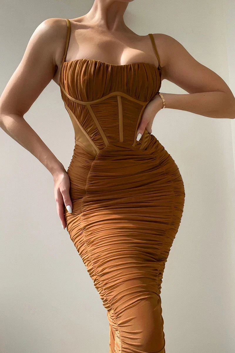 Square Neck Corset Bodice Cold Shoulder Sheer Mesh Long Sleeve Maxi Dress