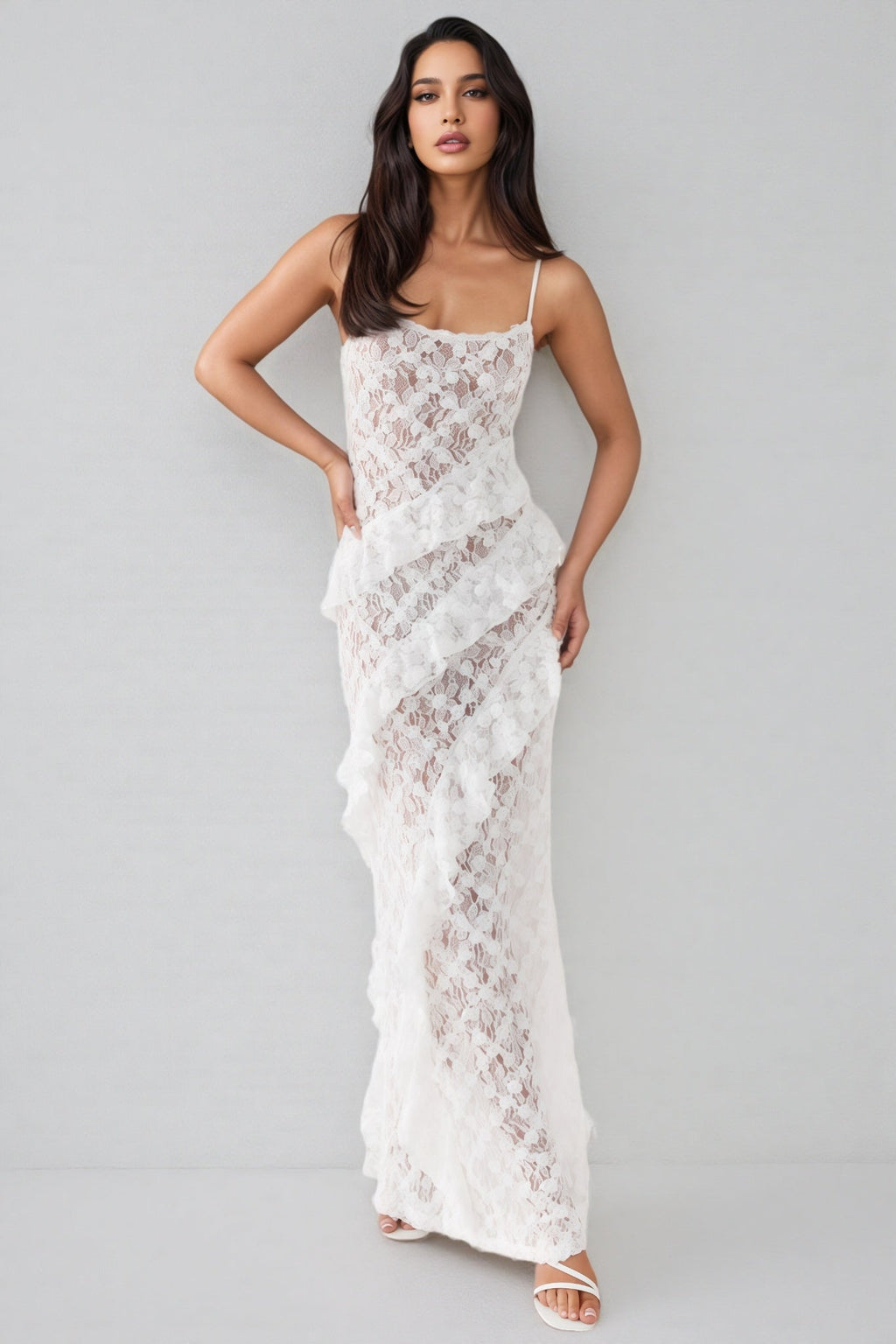 Nevah White Lace Frill Maxi Dress