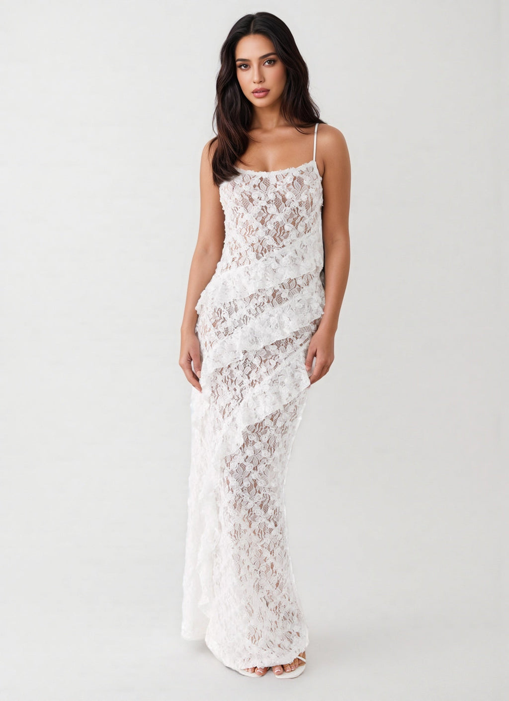 Nevah White Lace Frill Maxi Dress