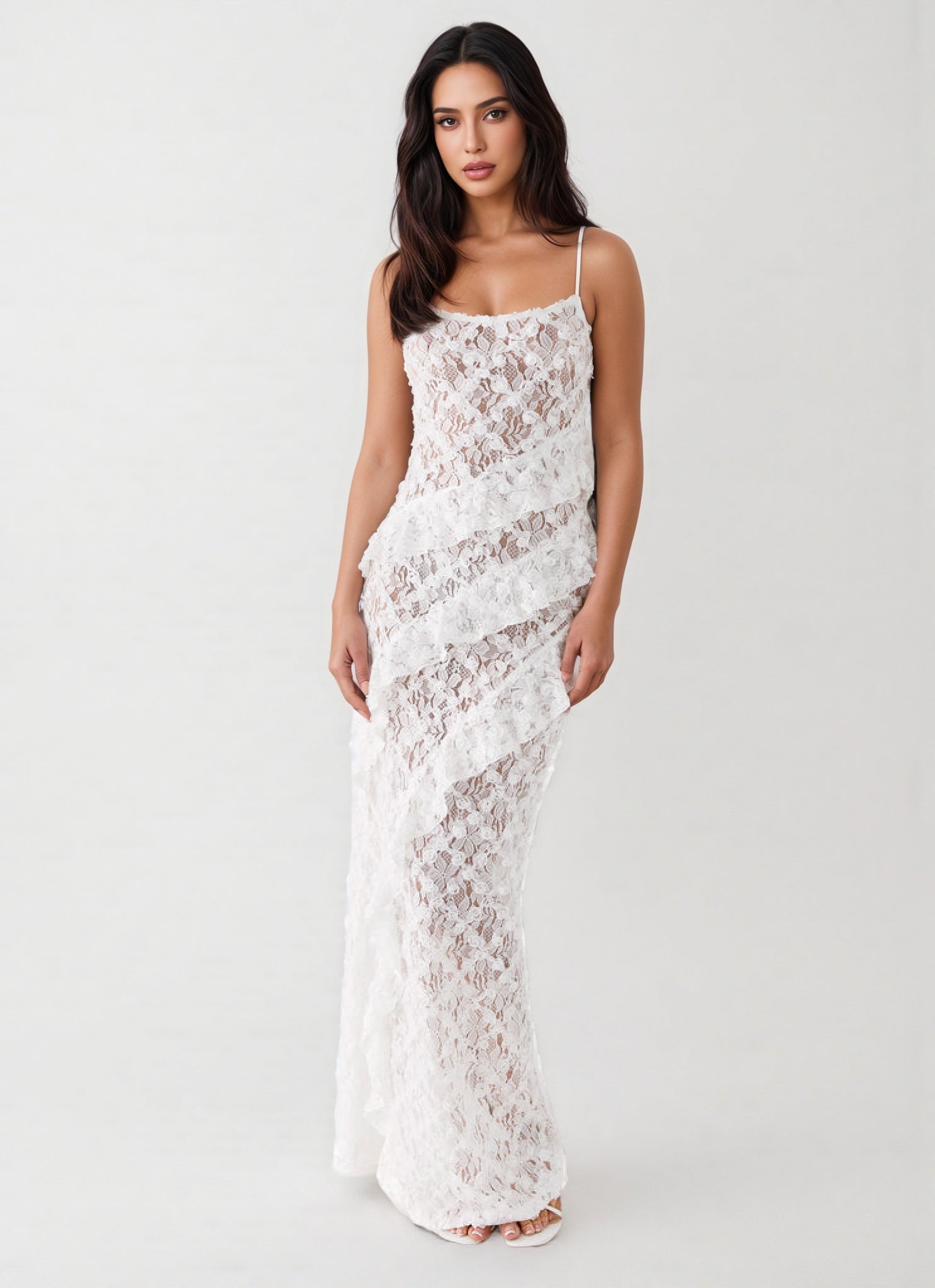 Nevah White Lace Frill Maxi Dress