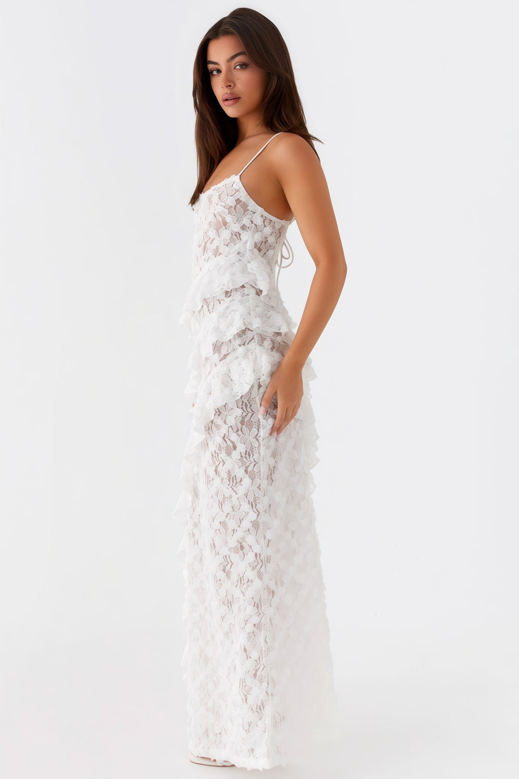 Nevah White Lace Frill Maxi Dress