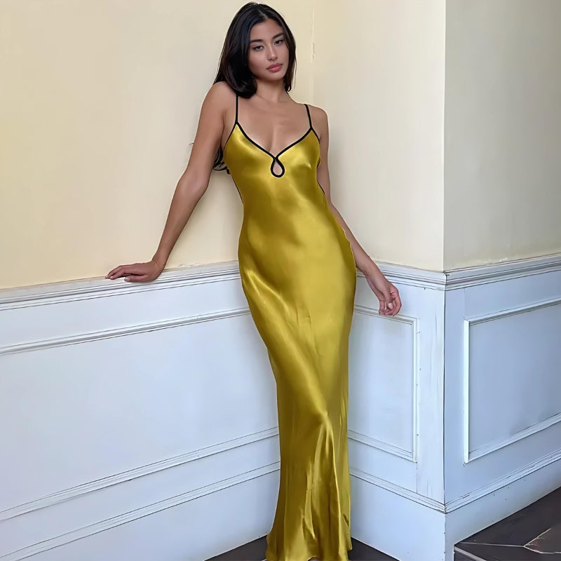 V-Neck Keyhole Piped Trim Satin Slip Backless Maxi Dress