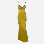 V-Neck Keyhole Piped Trim Satin Slip Backless Maxi Dress