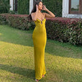 V-Neck Keyhole Piped Trim Satin Slip Backless Maxi Dress
