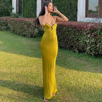 V-Neck Keyhole Piped Trim Satin Slip Backless Maxi Dress