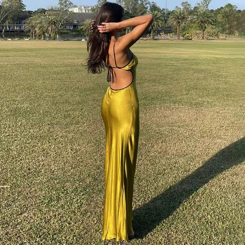 V-Neck Keyhole Piped Trim Satin Slip Backless Maxi Dress