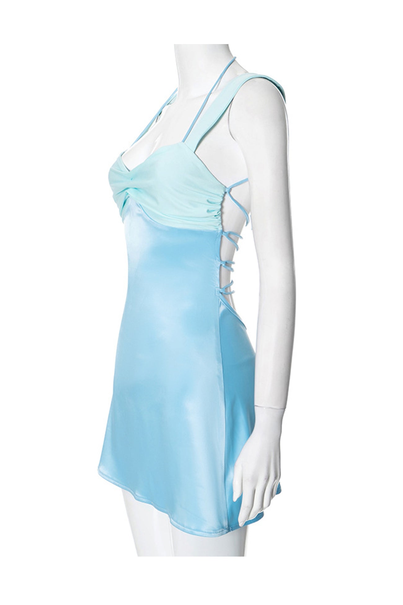 Contrast Panel Satin Twist Bust Halter Tie Strap Slip Mini Dress