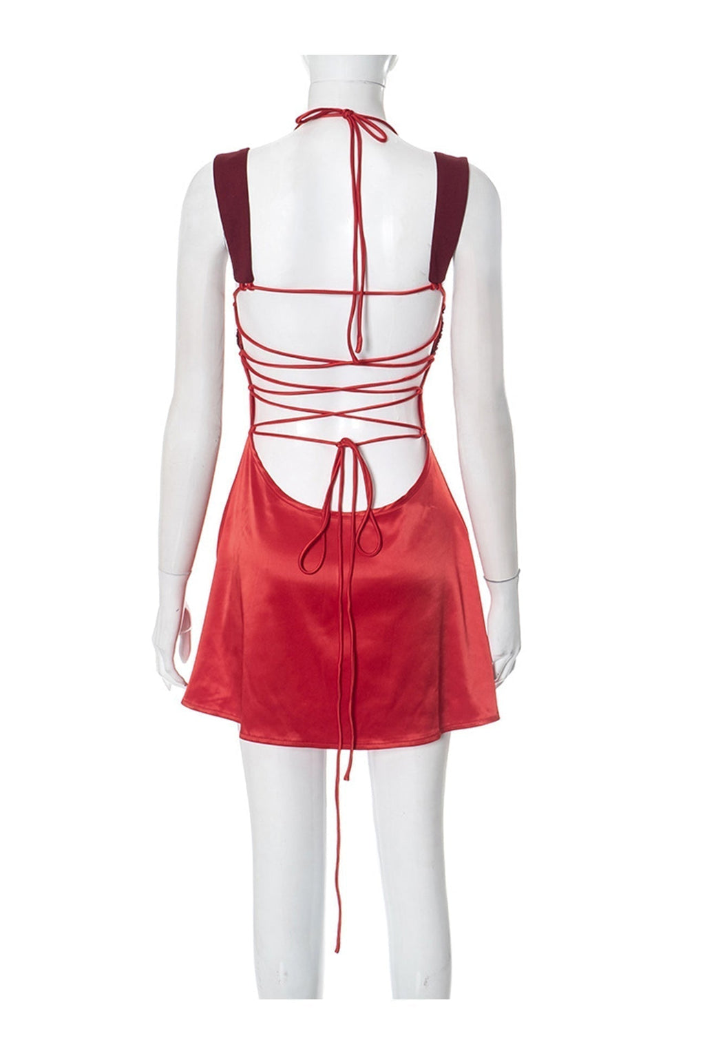 Contrast Panel Satin Twist Bust Halter Tie Strap Slip Mini Dress