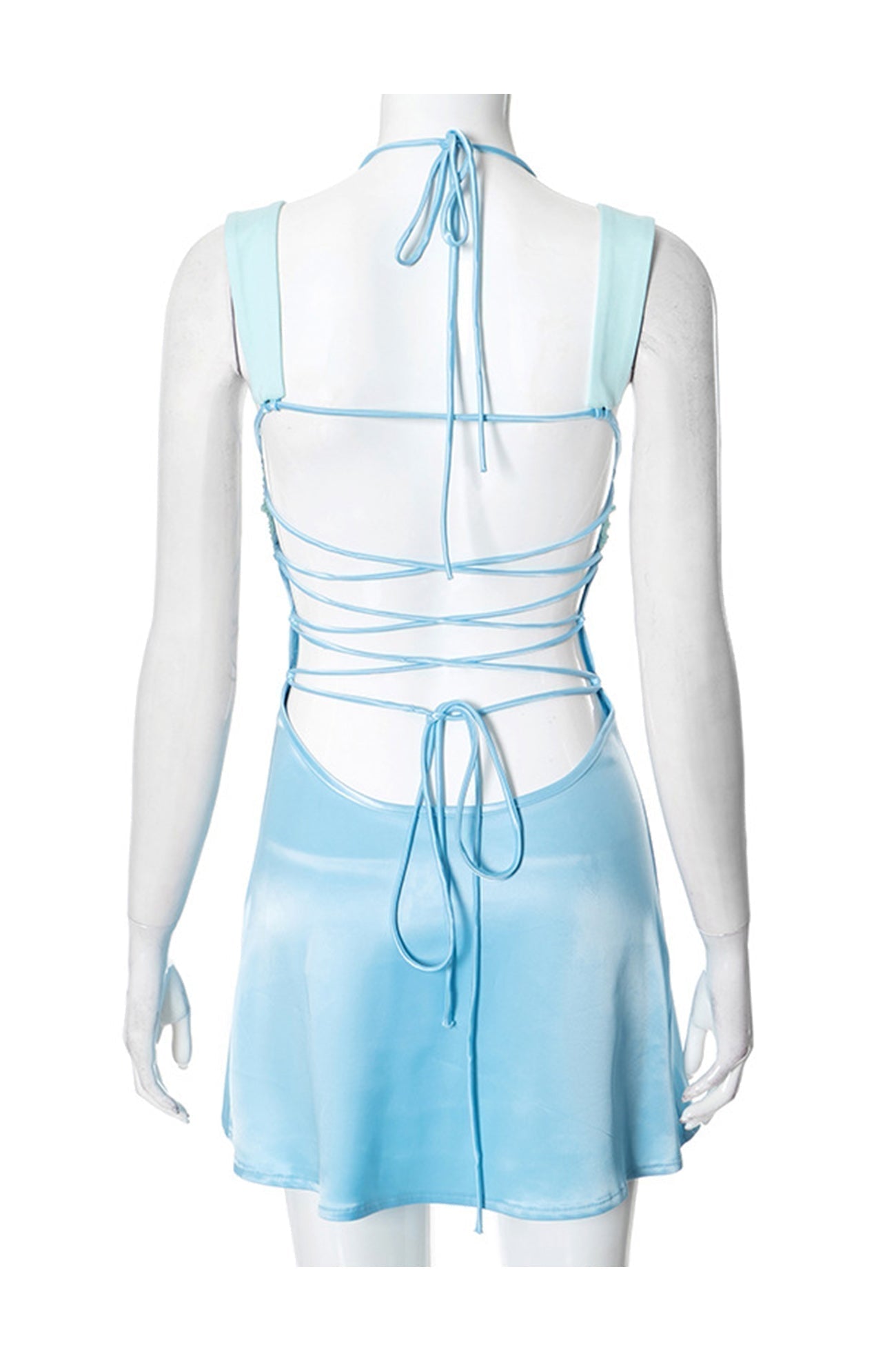 Contrast Panel Satin Twist Bust Halter Tie Strap Slip Mini Dress