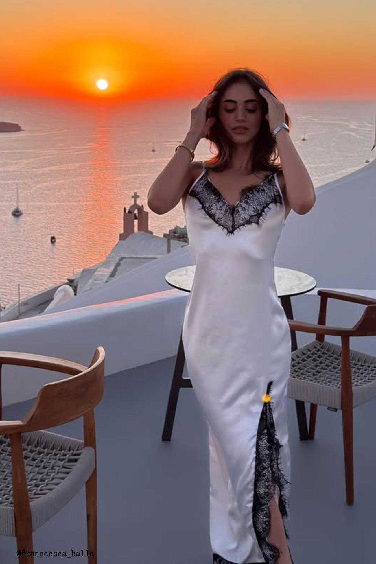 V-Neck Spaghetti Strap Lace Trim Side Slit Satin Maxi Dress