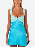 Ruched Twist Front Satin Lettuce Hem Mini Dress
