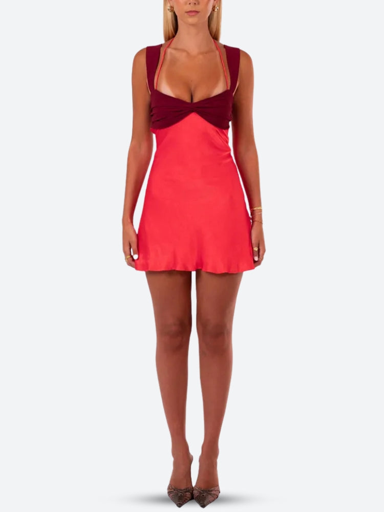 Ruched Twist Front Satin Lettuce Hem Mini Dress