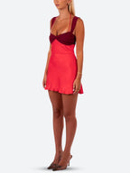 Ruched Twist Front Satin Lettuce Hem Mini Dress