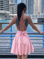 Satin Deep V-Neck Spaghetti Strap Cinched Waist Flared Mini Dress