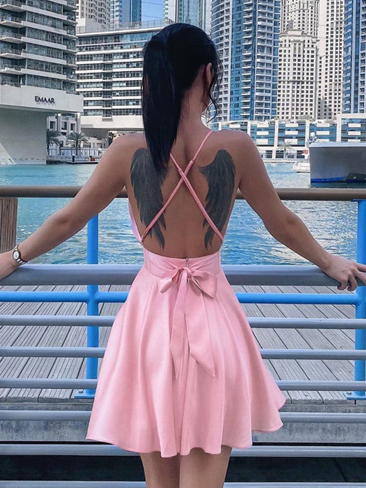 Satin Deep V-Neck Spaghetti Strap Cinched Waist Flared Mini Dress