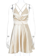 Satin Deep V-Neck Spaghetti Strap Cinched Waist Flared Mini Dress