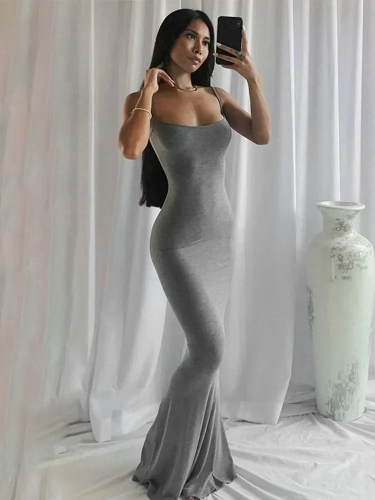 Spaghetti Strap Scoop Neck Mermaid Bodycon Maxi Dress