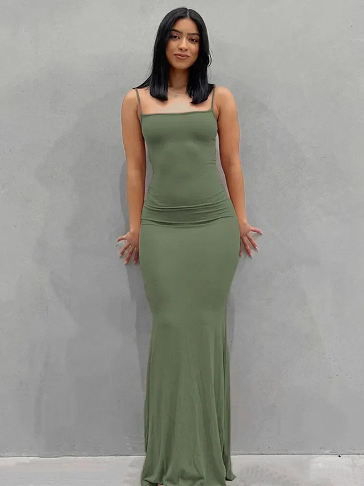 Spaghetti Strap Scoop Neck Mermaid Bodycon Maxi Dress