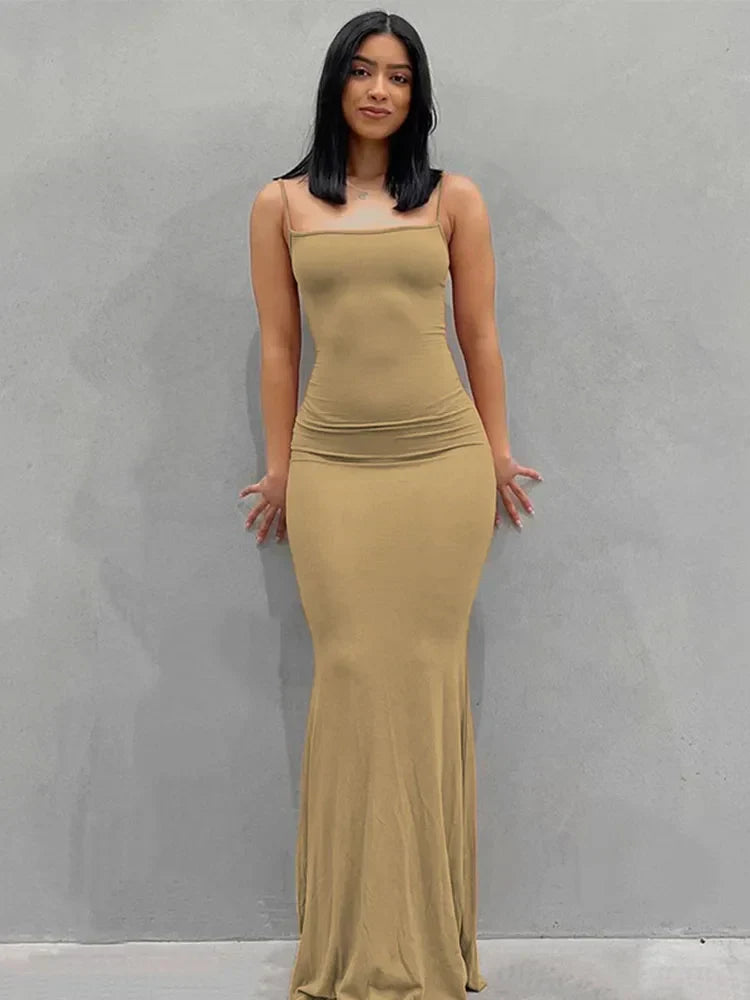 Spaghetti Strap Scoop Neck Mermaid Bodycon Maxi Dress