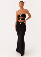 Strapless Cut Out Floral Applique Bandeau Bodycon Maxi Dress