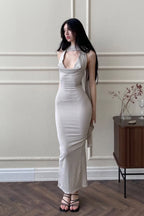 Halter Choker Cowl Neck Rib Knit Backless Bodycon Maxi Dress