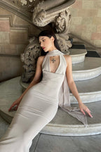 Halter Choker Cowl Neck Rib Knit Backless Bodycon Maxi Dress