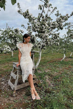 Floral Lace High Neck Flutter Sleeve Tiered Scallop Trim Midi Dress