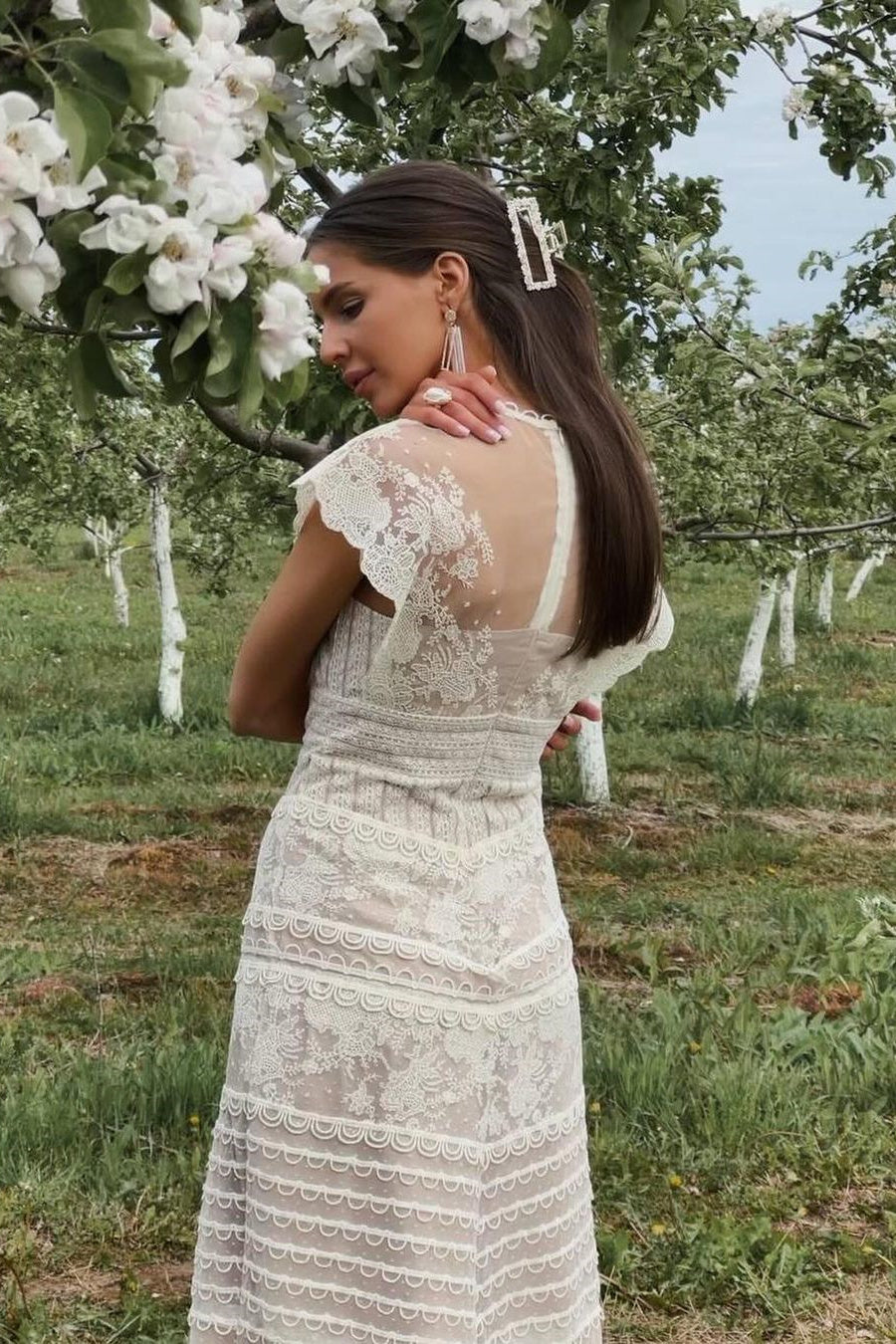 Floral Lace High Neck Flutter Sleeve Tiered Scallop Trim Midi Dress